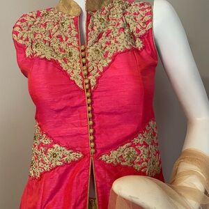 Vibrant Pink Sleeveless Top with Gold Embroidery
